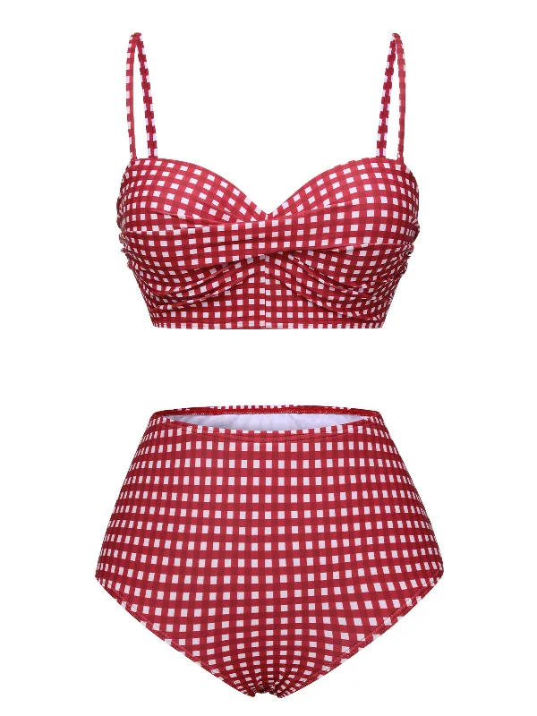 1950s Gingham Plaid Suspender SwimsuitSlimming bikini