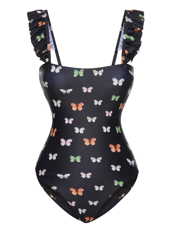 Black 1950s Butterfly Flare Sleeve One-Piece SwimsuitFloral bikini