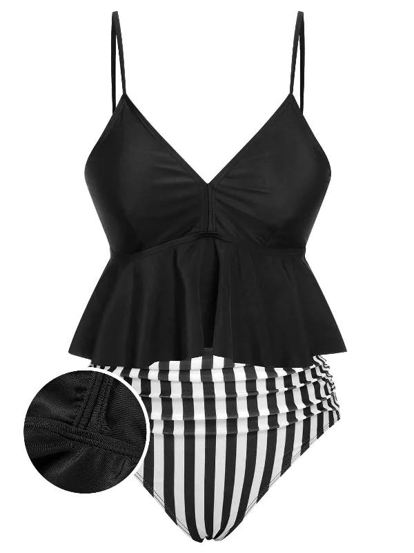 Black 1950s Striped Printed Separate SwimsuitSport bikini