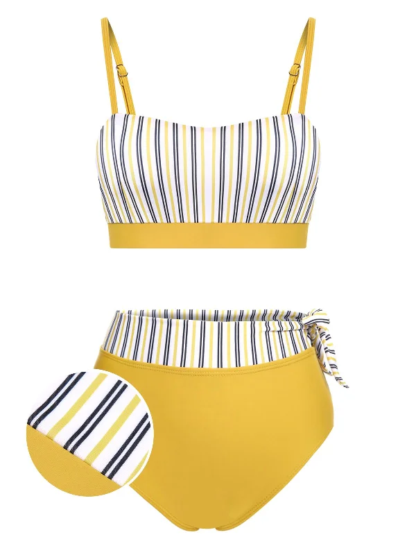 2PCS Yellow 1940s Striped Patchwork SwimsuitUnderwire bikini