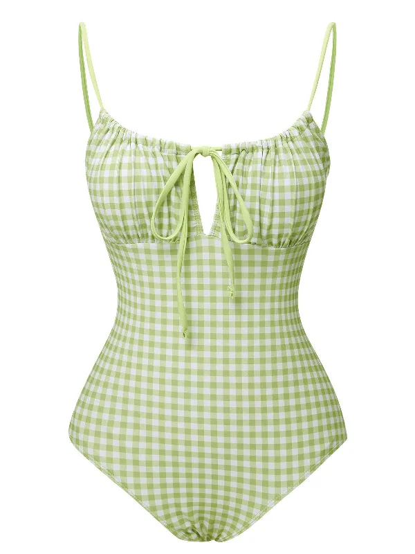 Green 1940s Plaid Chest Elastic Drawstring SwimsuitOversized bikini