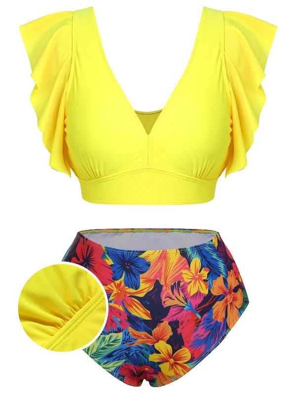 [Plus Size] Yellow 1940s Ruffles Floral SwimsuitTied bikini