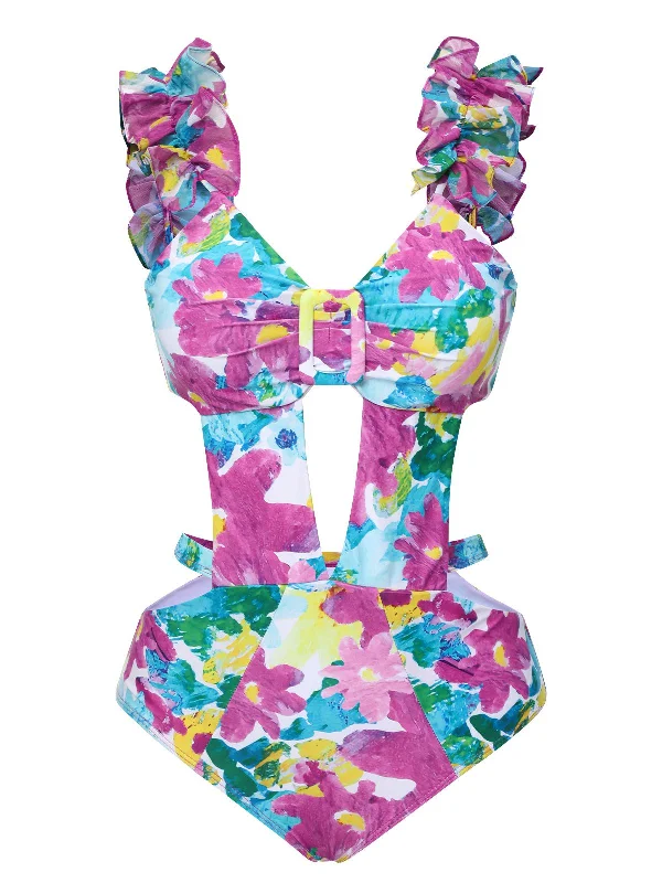 1960s Floral Ruffle Cutout SwimsuitVegan bikini