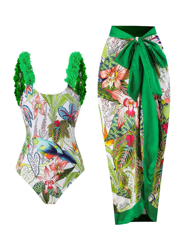 Green 1960s Floral Bird Swimsuit & Cover-UpMesh bikini