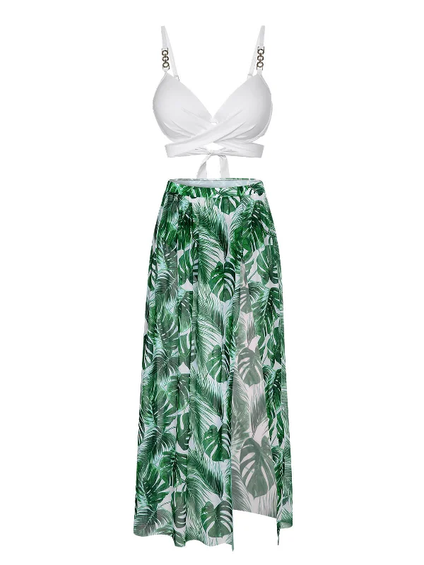 White & Green 1950s Tropical Swimsuit With Cover-UpBikini bra