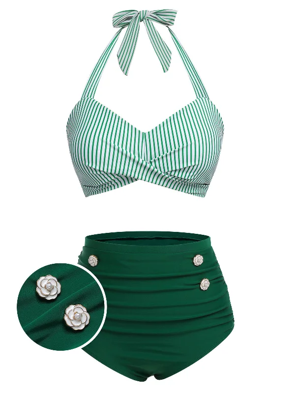 [Plus Size] Green 1940s Striped Halter SwimsuitLongline bikini