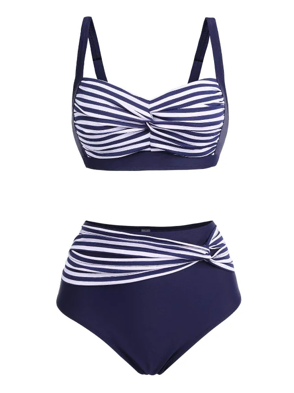 1950s Stripe Twisted Patchwork Strap SwimsuitOne-shoulder bikini