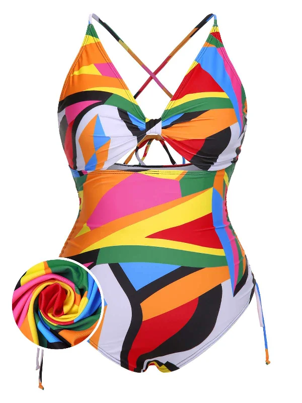 [Plus Size] Multicolor 1940s Print One-Piece SwimsuitWrap bikini