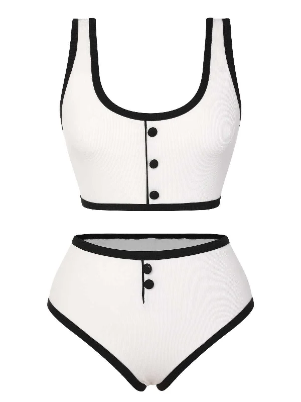 White 1930s Knit Contrast SwimsuitEmbellished bikini