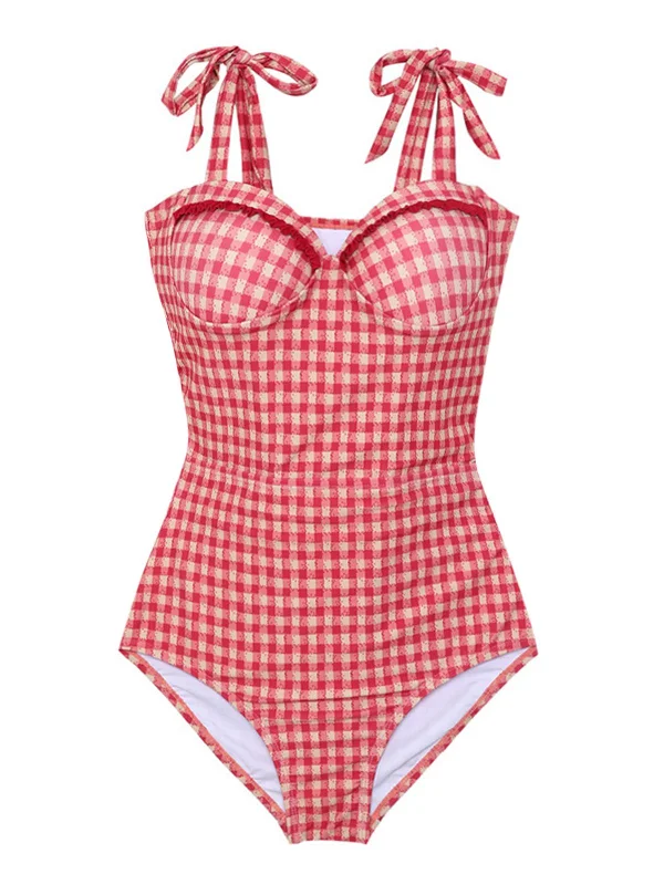 Red 1950s Checked Back Cut-Out SwimsuitHalter bikini