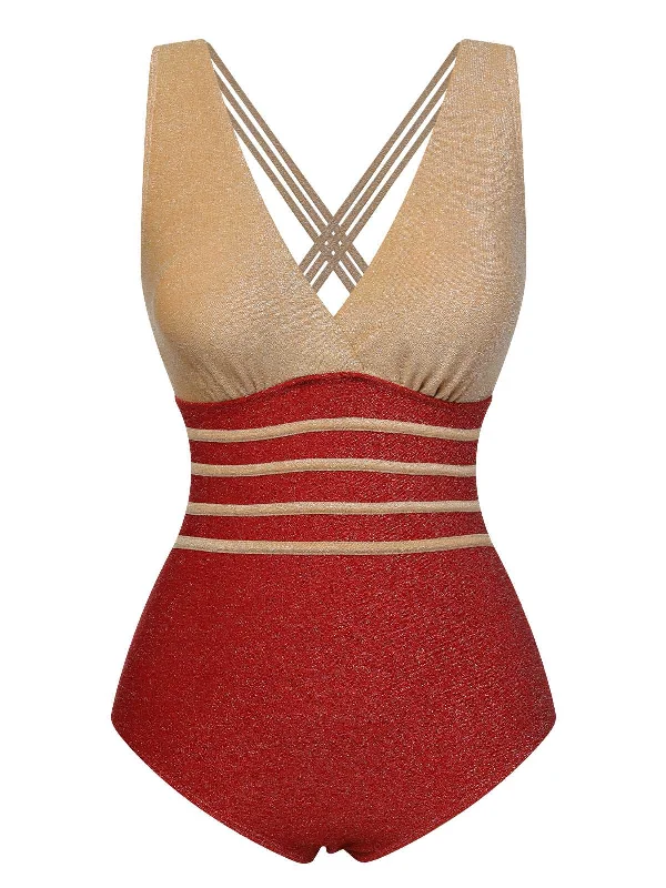 Red 1950s Stripe Patchwork One-Piece SwimsuitCropped bikini