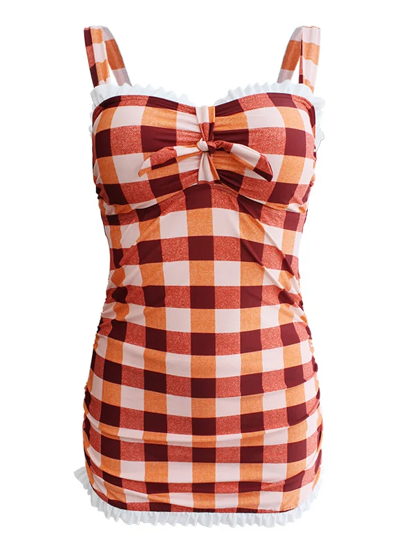 1950s Plaid Bow Strap Ruffled TankiniCheeky bikini