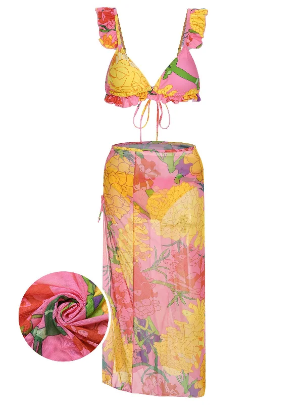 3PCS 1950s Pink Floral Swimsuit SetRecycled bikini