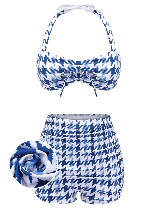 Blue 1940s Houndstooth Bow Halter SwimsuitPolka dot bikini