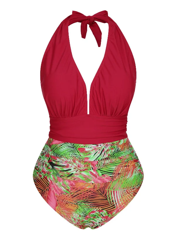 Red 1930s Tropical Plants One-Piece SwimsuitConvertible bikini