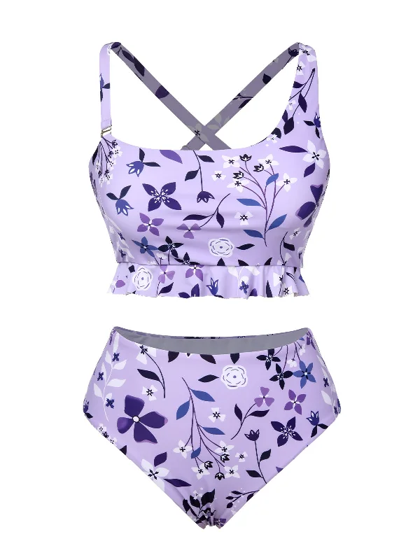 Purple 1930s Floral Irregular Shoulder Straps SwimsuitSlimming bikini