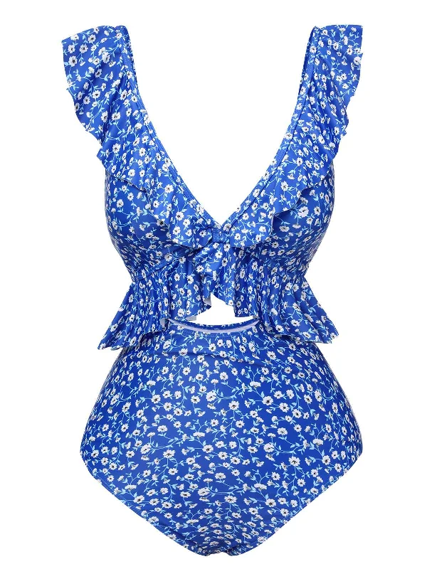 Blue 1950s Floral Ruffles One-Piece SwimsuitBikini pouch