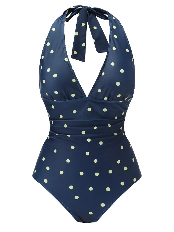 Blue 1960s Polka Dot Patchwork Halter SwimsuitVintage bikini