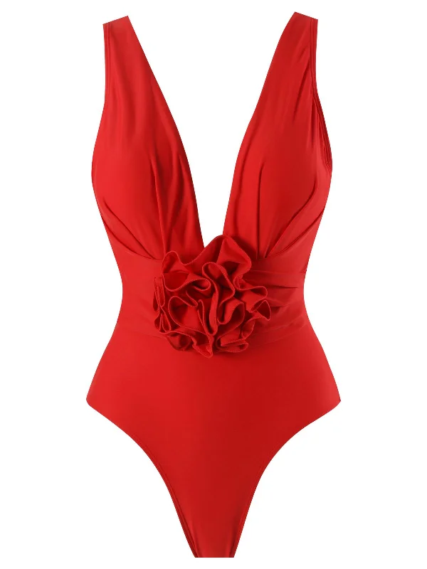 Red 1960s Solid 3D Flower Backless SwimsuitTropical bikini