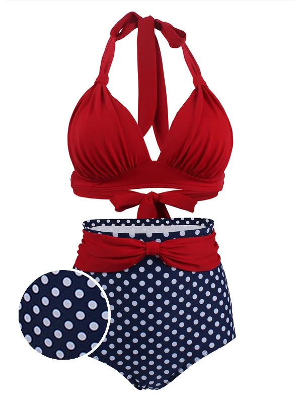 1950s Polka Dot Pleated Halter BikiniAsymmetric bikini