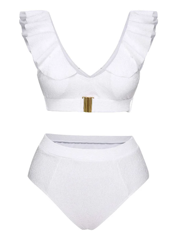 White 1950s Ruffles Solid SwimsuitBelted bikini