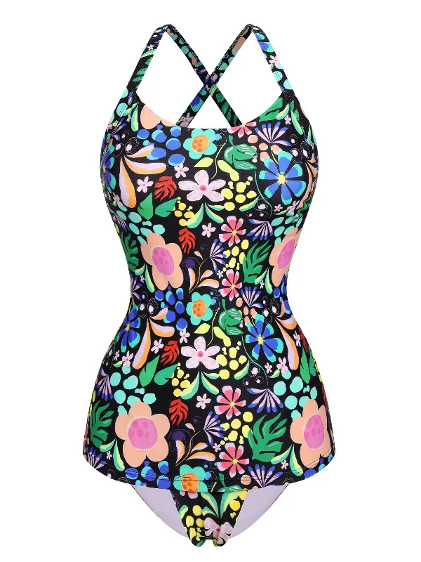 1950s Hippie Floral Strap One-Piece SwimsuitBikini shorts