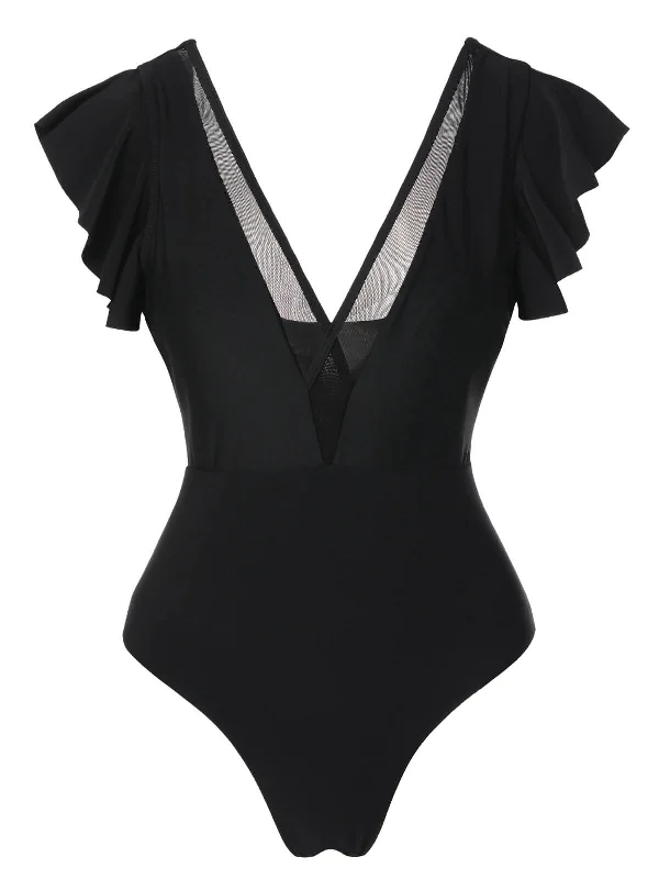 Black 1950s Solid Ruffle Sleeve One-Piece SwimsuitBikini hat