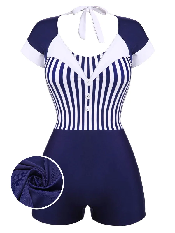 Navy Blue 1930s Stripe Patchwork SwimsuitHigh-waist bikini