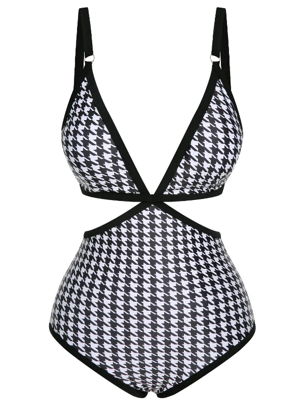 Black 1950s Houndstooth Waist Cutout SwimsuitReversible bikini