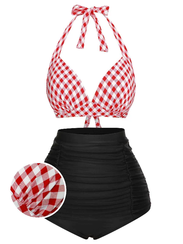 1950s Halter Plaids Lace-Up SwimsuitLayered bikini