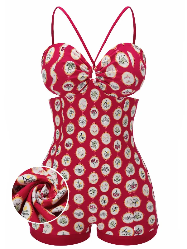 Red 1950s Strap Floral One-piece SwimsuitVintage bikini