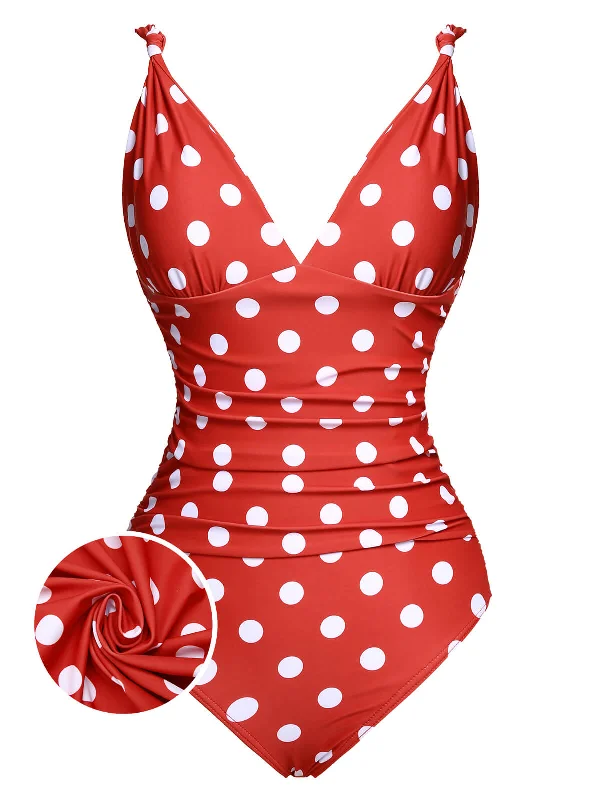 Red 1930s Polka Dot V-Neck SwimsuitSheer bikini