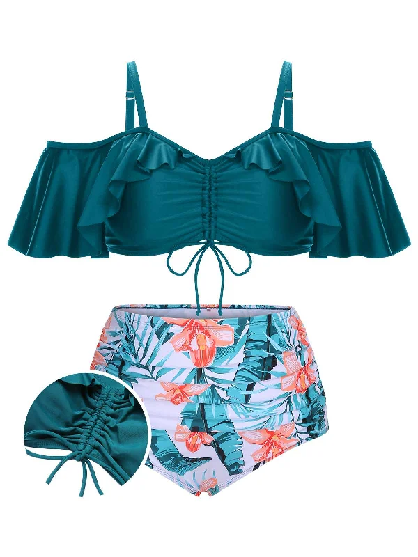 [Plus Size] Green 1950s Strap Floral Ruffles SwimsuitPool bikini