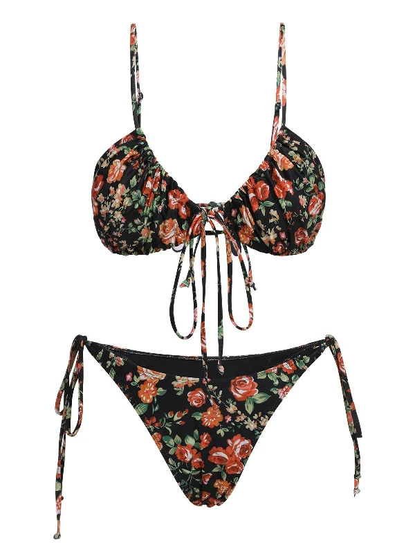 1950s Floral Lace-Up Spaghetti Strap Bikini SetBikini sandals