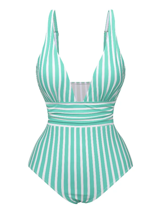 1950s Stripes Spaghetti Strap One-Piece SwimsuitTummy-control bikini