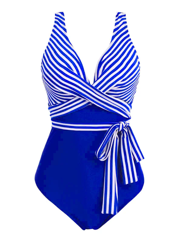 [Plus Size] 1950s Stripe Lace Up Patchwork One-Piece SwimsuitBold bikini