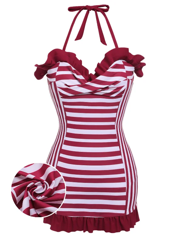 Wine Red 1950s Stripe Heart Collar SwimsuitGeometric bikini