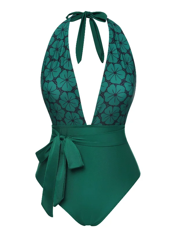 Green 1940s Floral Deep V-Neck Halter SwimsuitSupportive bikini