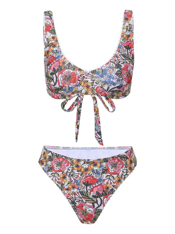 1940s Hippie Floral Wide Strap SwimsuitTied bikini