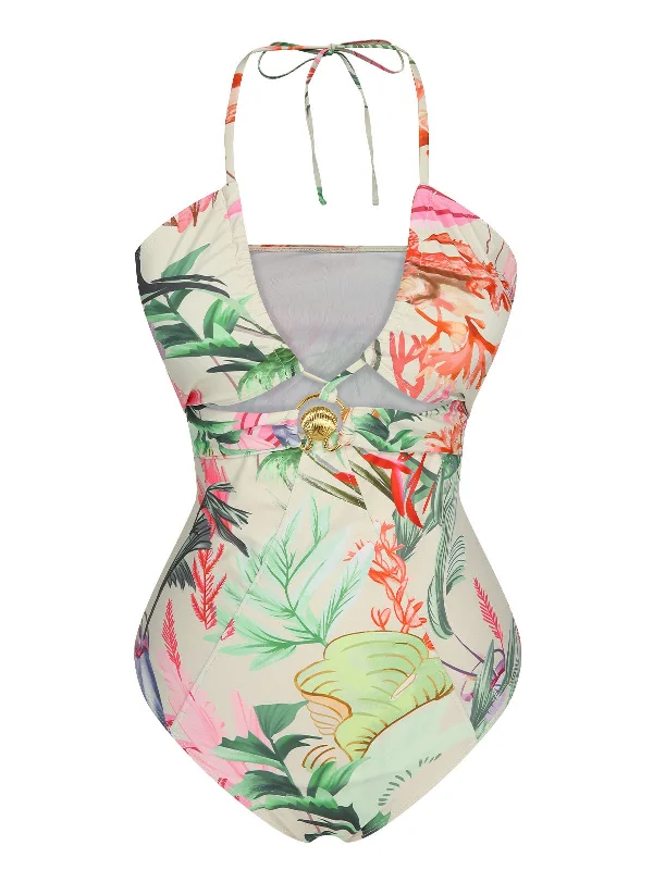 Multicolor 1960s Chest Buckle One-Piece SwimsuitBikini cover-up