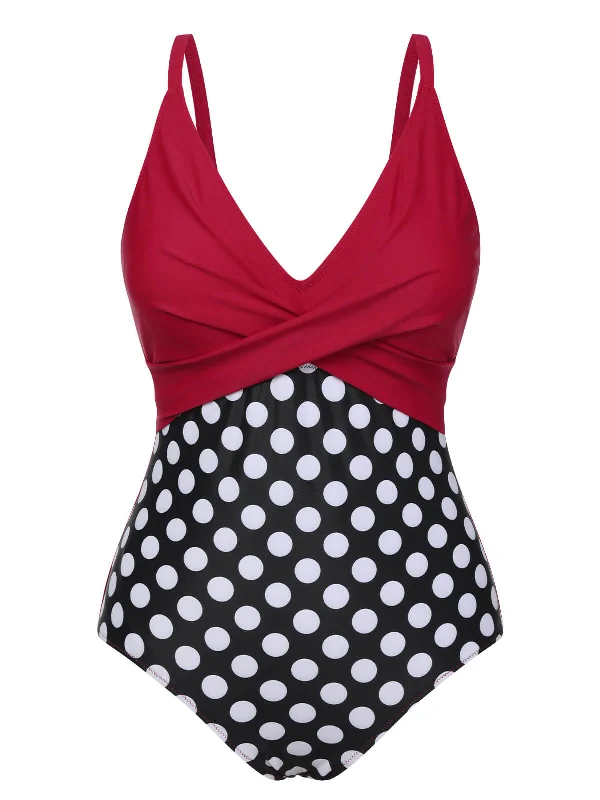 Red 1960s Polka Dot Patchwork SwimsuitCut-out bikini