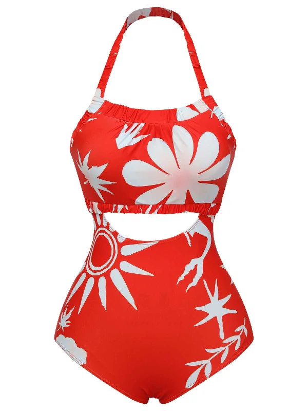 Red 1930s Halter Floral One-Piece SwimsuitSwim bikini