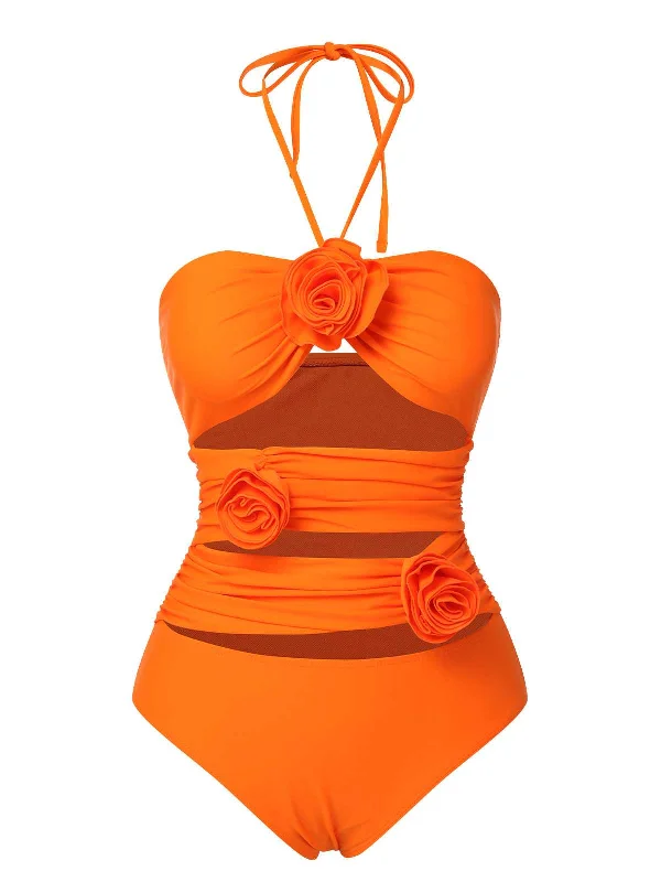 Orange Red 1950s Halter 3D Flower One-Piece SwimsuitTropical bikini