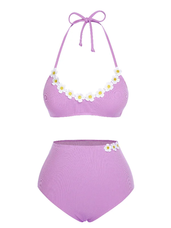 Purple 1960s Halter Knit Daisy SwimsuitStrapless bikini