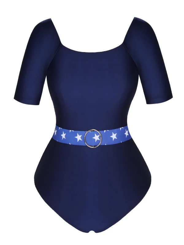 Dark Blue 1940s Stars One-Piece SwimsuitBeach bikini