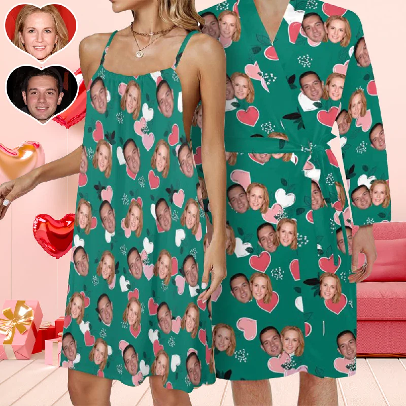 Valentine's Day Couple Matching Loungewear Custom Face Green Pajama Drawstring Neck Sleeveless Dress and Belted Night RobeCamisoleKraken