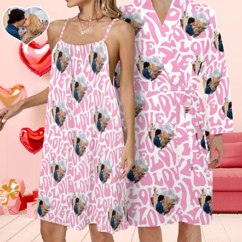 Valentine's Day Couple Matching Loungewear Custom Face Pink Love Pajama Drawstring Neck Sleeveless Dress and Belted Night RobeCamisoleUnicorn