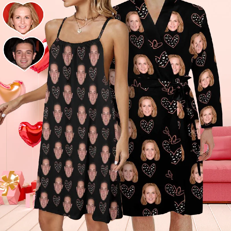 Valentine's Day Couple Matching Loungewear Custom Face Black Pajama Drawstring Neck Sleeveless Dress and Belted Night RobeCamisoleCentaur