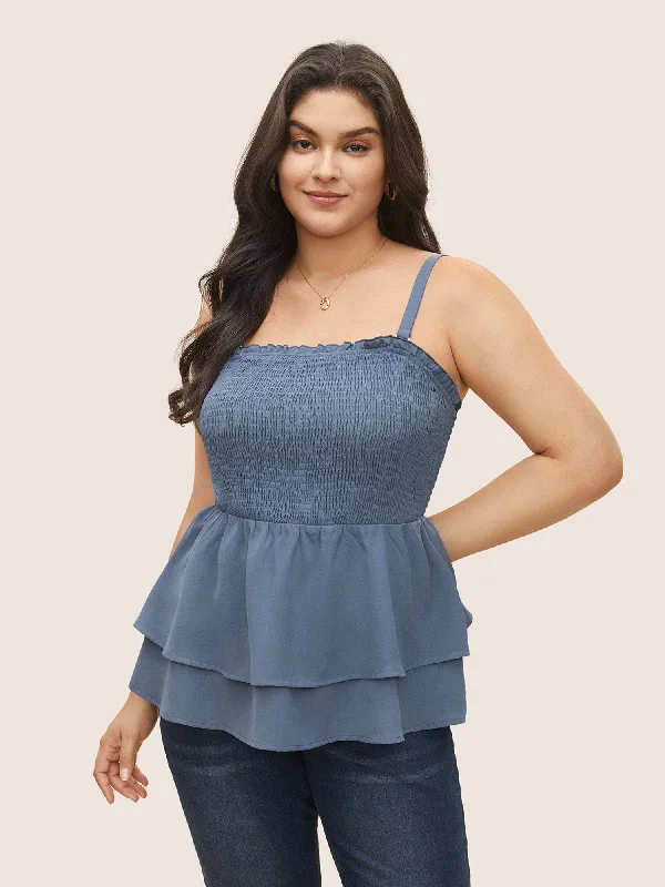 Solid Shirred Ruffle Layered Hem Cami TopCamisoleTitan