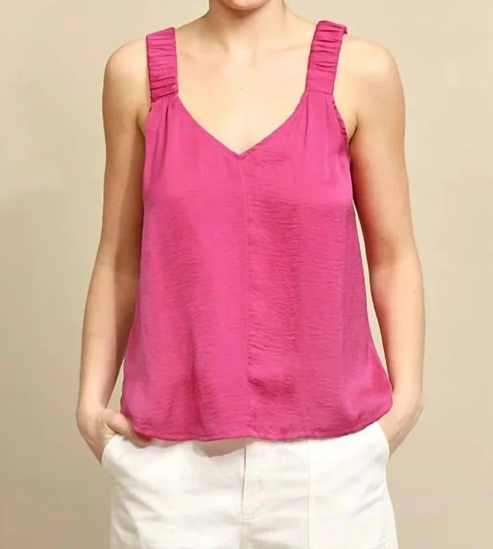 Dull Satin Elastic Shoulder Strap Cami Top In FuchsiaCamisoleGlow